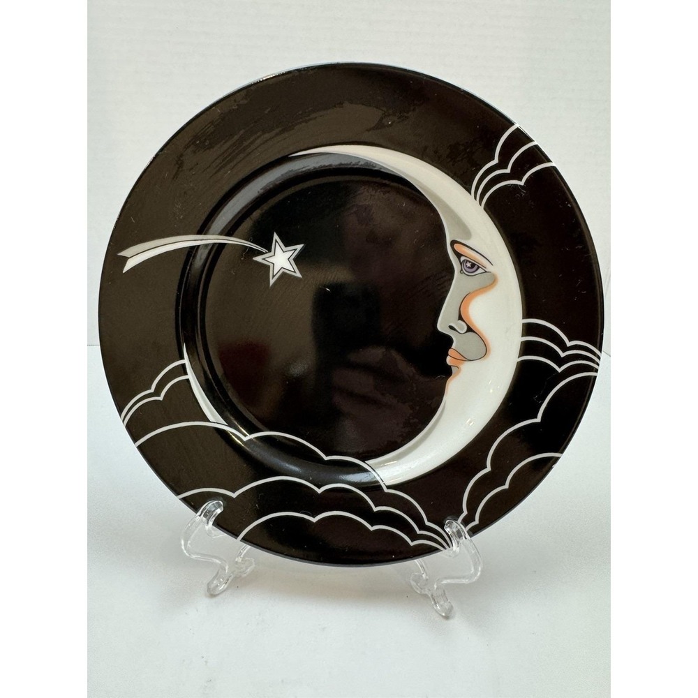 Fitz and Floyd Stardust Collector Plate Black White Ceramic Moon Star art deco